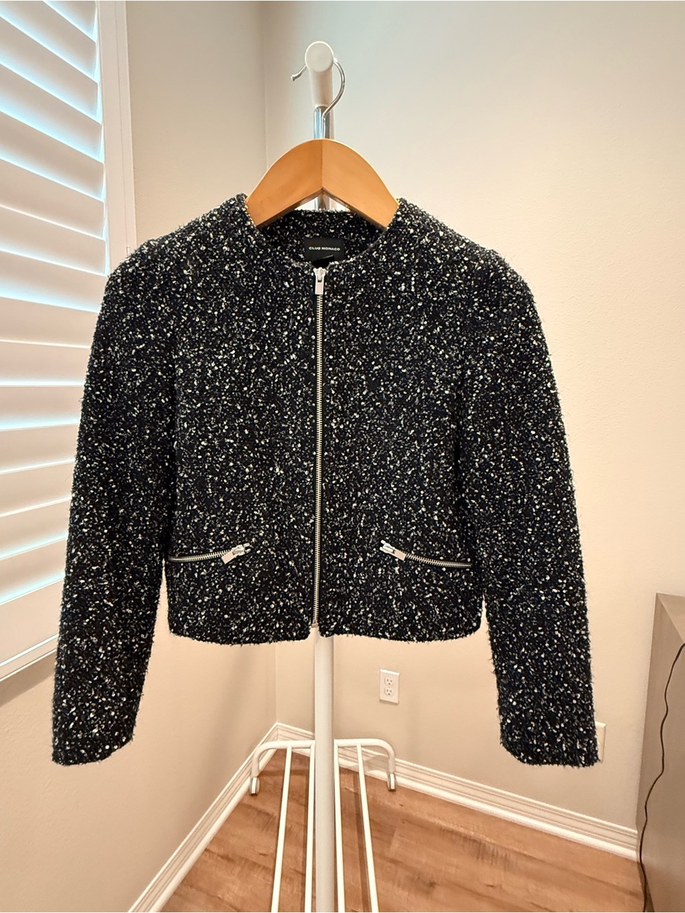Club Monaco Black Speckled Zip-Front Bouclé Jacket